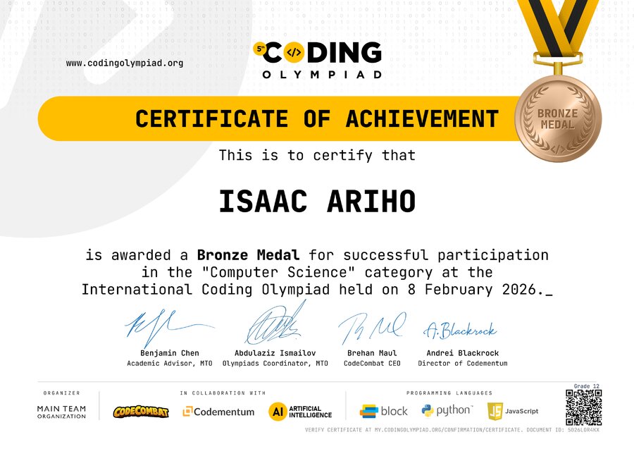 Coding Olympiad Bronze Medal certificate