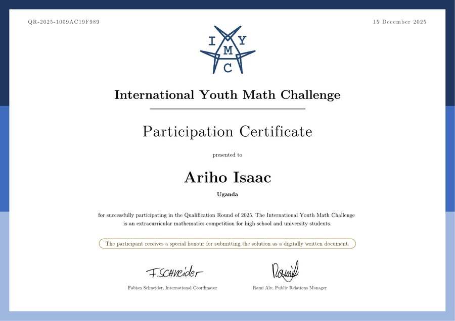 International Youth Math Challenge certificate